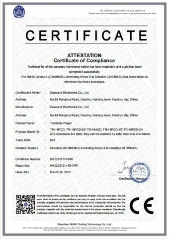 ROHS 2.0 CER .Sign certificate from Huizhou Dosound Electronics Co., Limited
