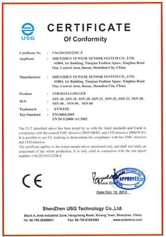 ce for ssn series data loggers certificate from Shenzhen Yowexa Measurement Technology Co., Ltd.