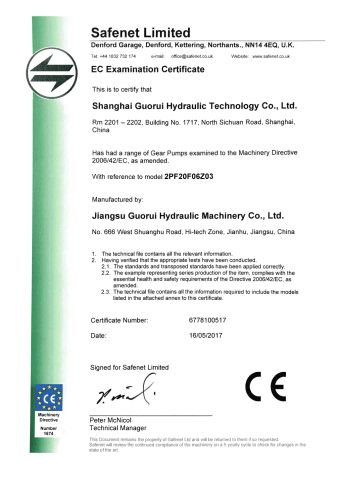 CE certificate for pump certificate of Shanghai Guorui Hydraulic Technology Co., Ltd. – certificate photo, supplier certificates section