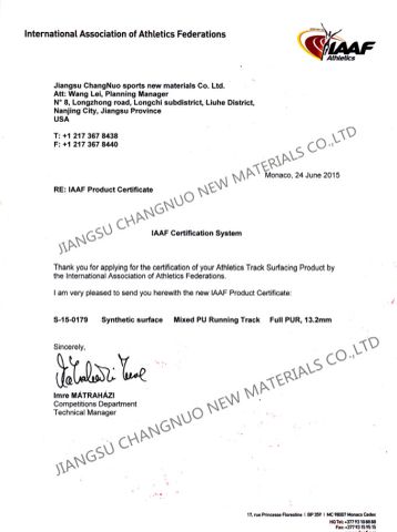 IAAF1 certificate from JiangSu ChangNuo New Materials Co., Ltd.