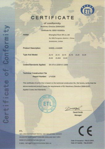 CE certificate for wheel loader certificate from Shanghai Rum Lift Co., Ltd.