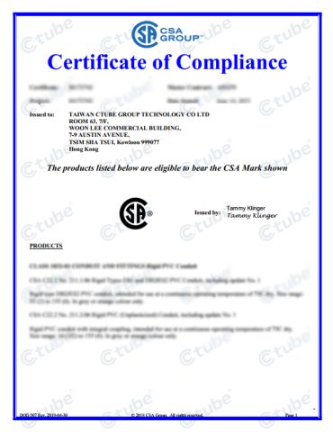 CSA Certification certificate from Guangdong Ctube Industry Co., Ltd.