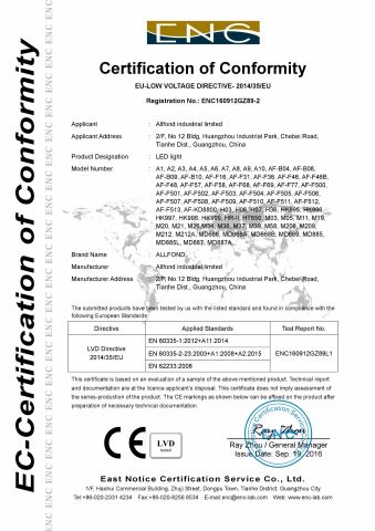 LED light CE -2 certificate from Guangzhou allfond electronics co.,ltd