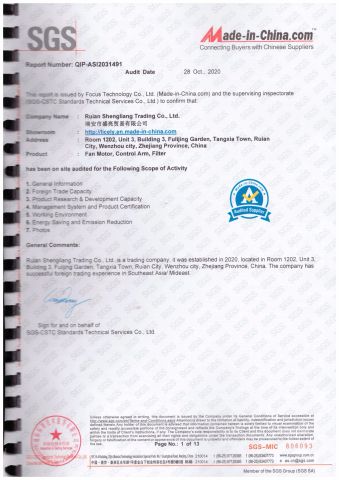 SGS certificate from Ruian Shengliang Trading Co., Ltd.
