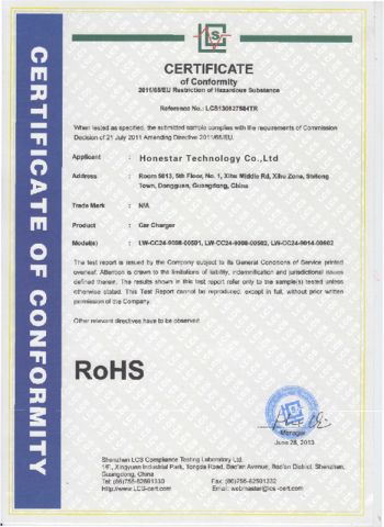 ROHS certificate certificate of Honestar Technology Co., Ltd. – certificate photo, supplier certificates section
