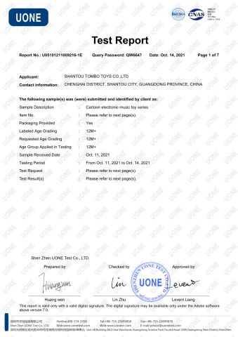 EN-71 certificate from Shantou Tombo Toys Co., Ltd.