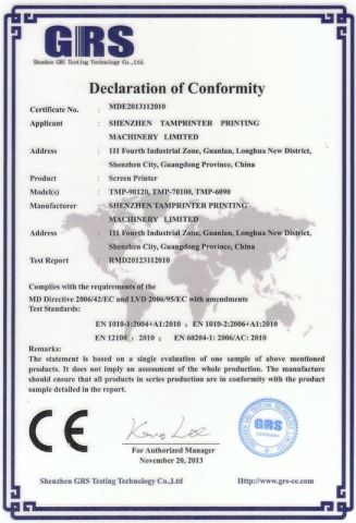 Screen Printer CE Certificate certificate of Shenzhen Tamprinter Printing Machin – certificate photo, supplier certificates section