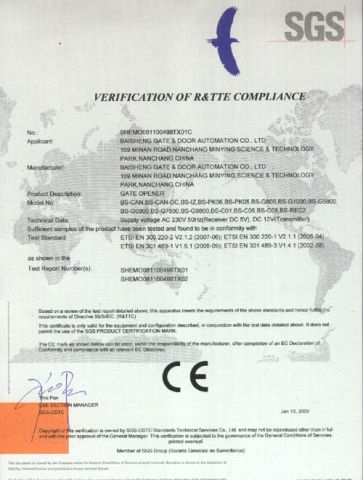 GATE OPENER (R&TTE OF CE) certificate from BISEN SMART ACCESS CO., LTD.