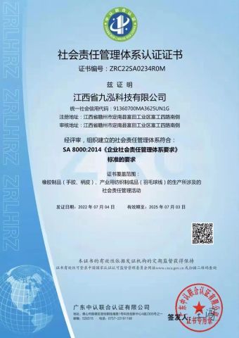 SA8000 certificate from Pantech Sports Co., Ltd.