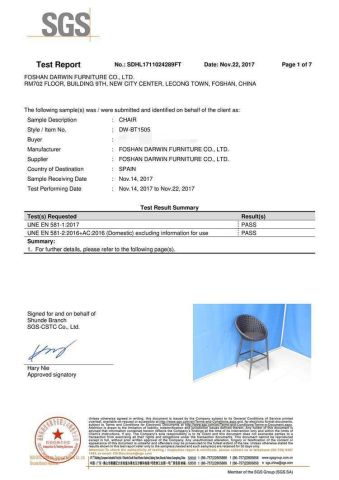 SGS Test Repor certificate from Foshan Darwin Furniture Co., Ltd.