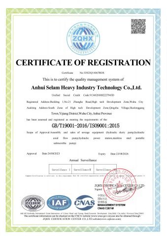 ISO9001 certificate from Anhui Selam Heavy Industry Technology Co., Ltd.