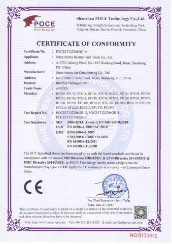 CE for rooftop packaged unit certificate of Jinan Amrta Air Conditioning Co., Ltd. – certificate photo, supplier certificates section
