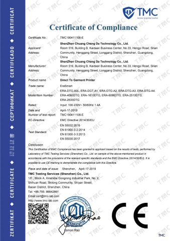 DTF Printer CE Certification certificate from Shenzhen Chuang Cheng Da Technology Co., Ltd.