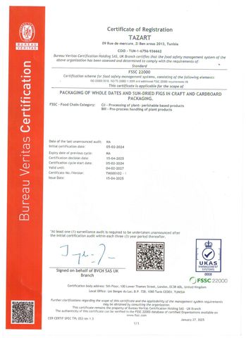 FSSC22000 certificate from TAZART
