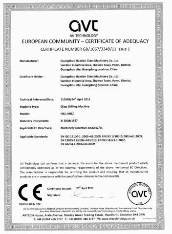 CE certificate certificate from Guangzhou Huatian Glass Machinery Co., Ltd.