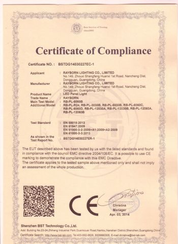 LED Panel Light certificate from Rayborn Lighting Industry Co., Ltd.