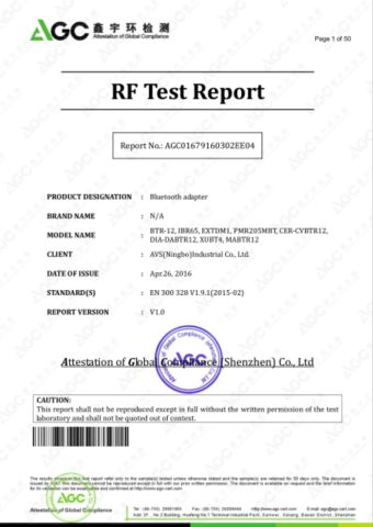 RF TEST REPORT certificate from Avs (Ningbo) Industrial Co., Ltd.