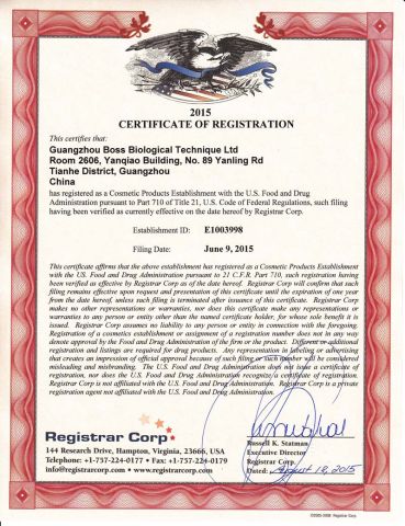 FDA Certified certificate from Guangzhou Boss Biological Technique Ltd.