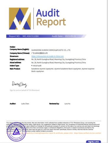 Audit report certificate from GUANGDONG SUNION CHEMICAL&PLASTIC CO., LTD.
