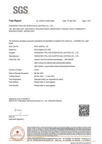 Product Inspection Report certificate from Shenzhen Trillion Auspicious Lighting Co., Ltd.