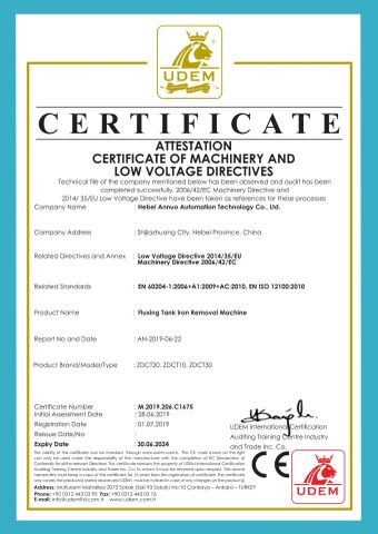 CE of Fluxing Tank Iron Removal Machine certificate from Hebei Annuo Automation Technology Co., Ltd.