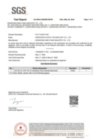 PVC CLING FILM certificate from Shenzhen King Fung Industry Co., Ltd.