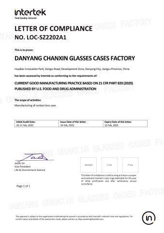 GMP quality certification system certificate from Danyang Chanxin Glasses Cases Factory.