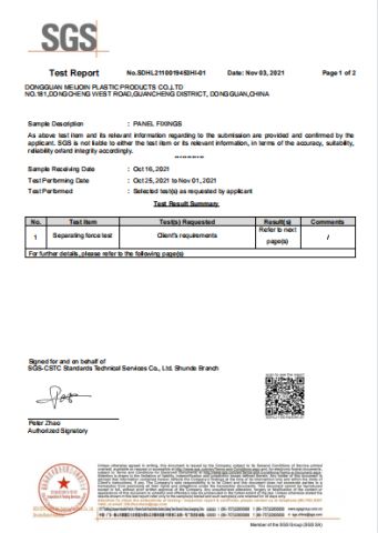 SGS TESTING REPORT of PANEL FIXINGS certificate from Dongguan Meijoin Plastic Products Co., Ltd.