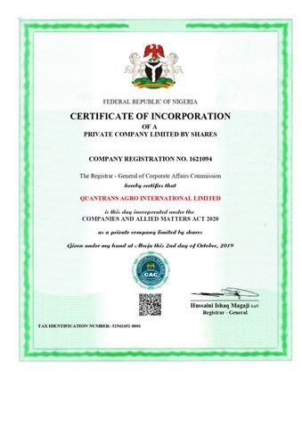 Corporate affairs Commission- Nigeria certificate from Quantrans Agro International Limited