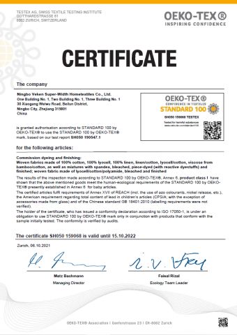 OEKO-TEX STANDARD 100 certificate from Ningbo V. K. Industry and Trading Co., Ltd.