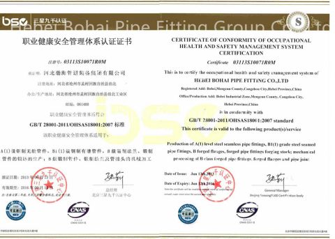 OHSAS 18001:2007 certificate for occupation certificate from Tianjin Henghua Pipeline Technology Co., Ltd.