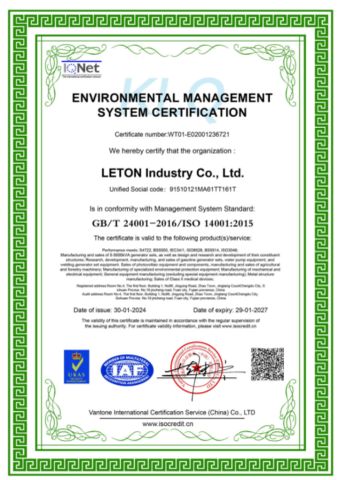 ISO 14001 certificate from Sichuan Leton Industry Co., Ltd