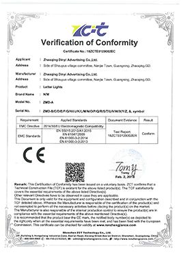 CE certificate of letter lights certificate from Zhaoqing dingyi advertising production co. LTD