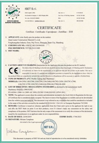 CE Certification of uPVC Machinery certificate of Jinan Lumei Construction Material Co., Ltd. – certificate photo, supplier certificates section