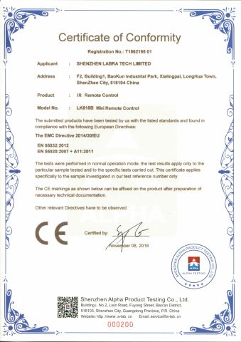 Remote control CE certificate from SHENZHEN LABRA TECH CO., LTD.