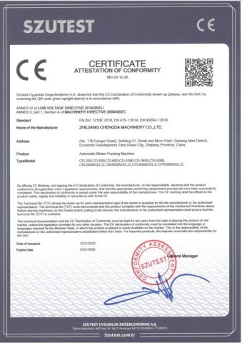 Certificate Attestation of Conformity certificate from ZHEJIANG CHENGDA MACHINERY CO., LTD.