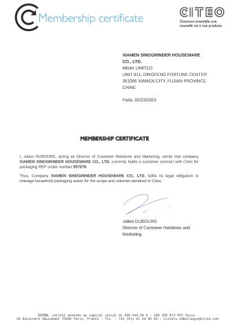 EPR France certificate from Xiamen Sinogrinder Houseware Co., Ltd.
