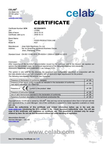 CE for Food Production Line certificate of Jinan Kelid Machinery Co., Ltd. – certificate photo, supplier certificates section