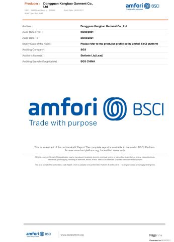 BSCI Certification certificate from Dongguan Kangbao Garment Co., Ltd.