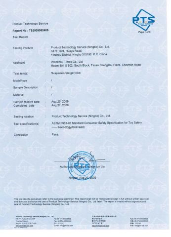 ASTM F963 certificate for U.S market certificate from WENZHOU TIMES ARTS&CRAFTS CO., LTD.