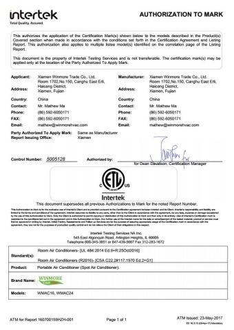 ETL certificate certificate from XIAMEN WINMORE TRADE CO., LTD.