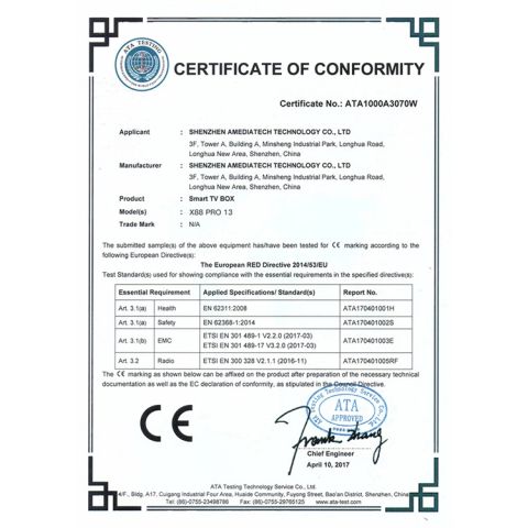 X88 PRO 13 CE certificate from Shenzhen Desen Accessories Co., Ltd.