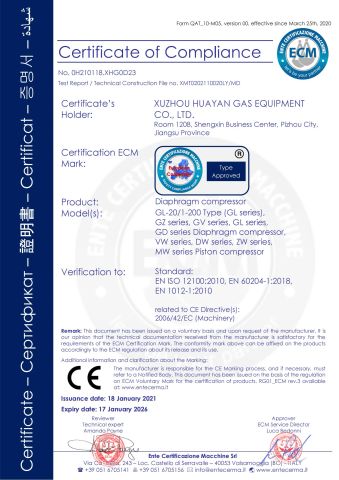 Diaphragm compressor CE certificate certificate of Xuzhou Huayan Gas Equipment Co., Ltd. – certificate photo, supplier certificates section
