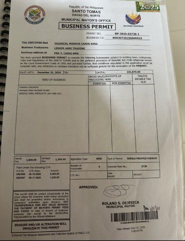 Business permit certificate from Lekker Agri Trading