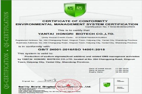 GB/T 24001-2016/ISO 14001:2015 certificate from ZIBO WANGFEI SEAWEED TECH. CO., LTD.