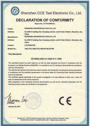 CE of 15" LCD monitor certificate from Shenzhen Hopestar Sci-Tech Co., Ltd.