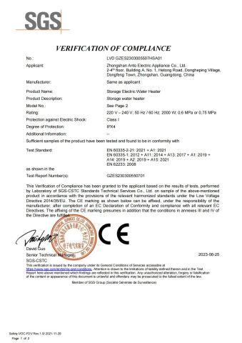 CE-LVD of large storage water heater certificate from Zhongshan Anto Intelligent Technology Co., Ltd.