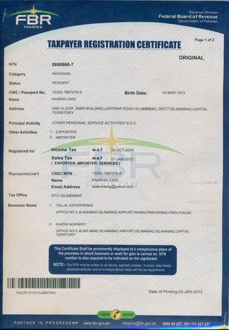 Taxpayer registration certificate certificate from botanicberg