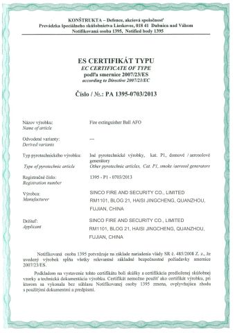 Fire Extinguisher Ball CE Certificate certificate from SINCO FIRE AND SECURITY CO., LIMITED