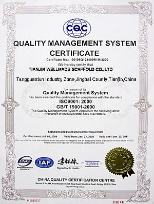 ISO9001:2000 Certificate-Tianjin Wellmade Scaffold Co.,LTD certificate from Nanjing Wellmade Metalwork Co., Ltd.